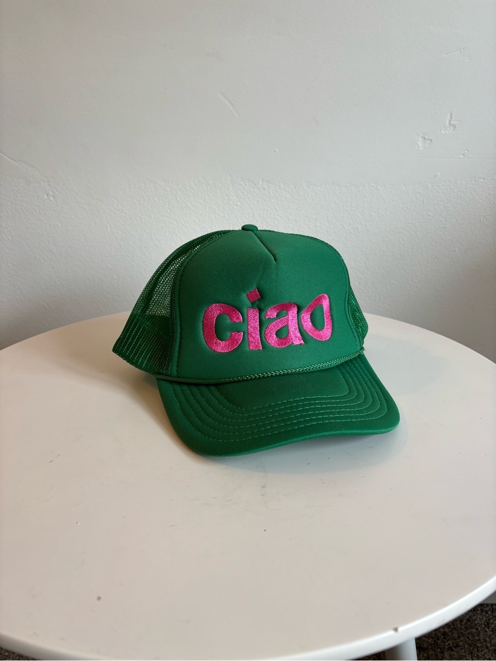 Green Trucker Cap with Pink "ciao" Embroidery